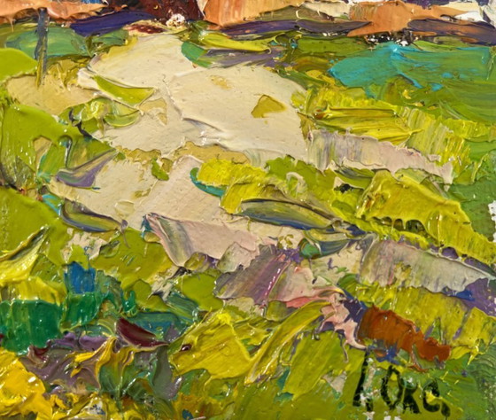 Image 1 of Original Oil Painting Colorful Village Landscape Quiet summer morning