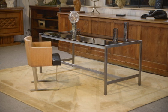 Image 1 of Scrivania di design in acciaio inox spazzolato e vetro fumé nero, anni '80