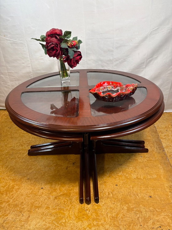 Vintage G-Plan Round Coffee Table & 4 Nested Stools | 1970s | Mahogany & Glass | Mid-Century Retro Design A (photo 2 of 18)