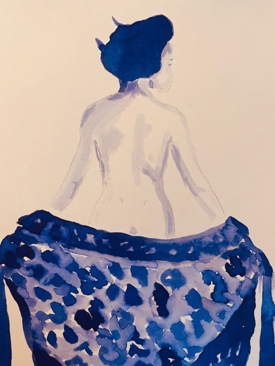 Image 1 of Monochrome Watercolor Indigo Blue Portrait of a Woman "Japan Denim"