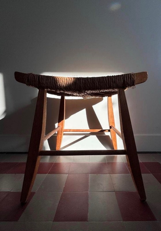 Image 1 of Vintage wooden stool with woven wicker seat - Brutalist/Mid-Century
