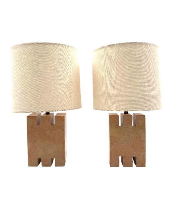 Image 1 of Juego de 2 lámparas de sobremesa de mármol rosa Hollywood regency, Francia años 70