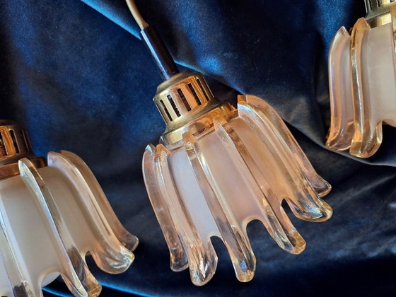 Image 1 of Set van 3 Doria hanglampen van messing en amberkleurig mat glas, jaren 1960