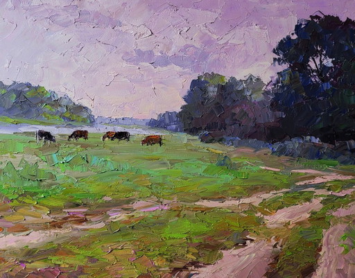 Origineel olieverfschilderij: Landelijk landschap, natuur, weide, koeien in het veld.