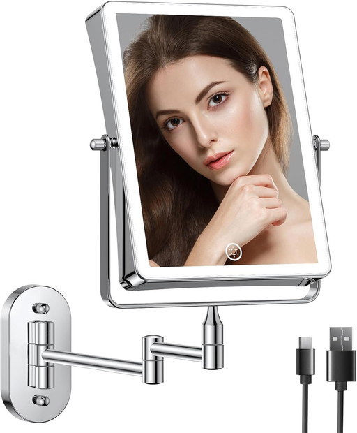 Rechargeable Maquillage Miroir avec LED Grossissant x10 pour Coiffeuse, Salle de Bain et Rasage, Mural Miroir avec eclairage, 36