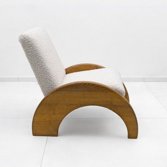 Image 1 of Ensemble fauteuil et repose-pieds en bois courbé et bouclé ivoire
