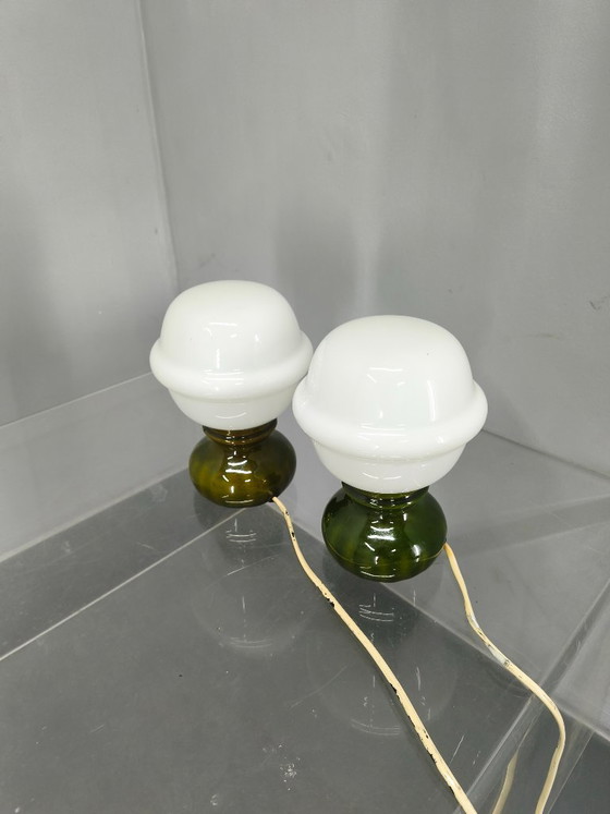 Image 1 of Pair Czech 1970s Milk Glass and Green Ceramic Table Lamps
