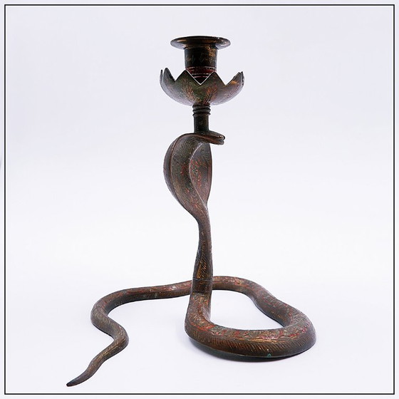 Image 1 of Persian-style brass candlestick in the shape of a cobra - 20th century