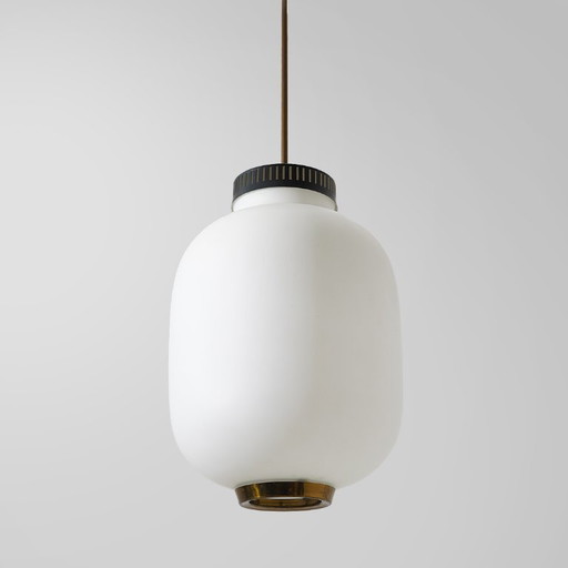 Chandelier in white opaline glass and brass, 1950s