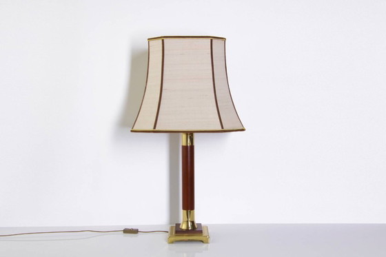 Image 1 of Lamp Tafellamp messing hout 77cm jaren 1980 vintage