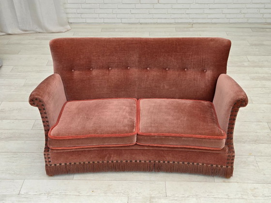 Image 1 of 1970s, Danish 2-seater sofa, original salmon pink furniture velour, beech wood.