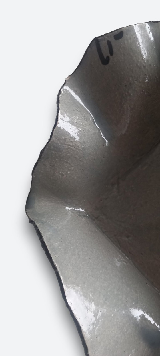 Image 1 of Studio ceramic bowl on foot with organic shape and gray glaze – signed studio mark