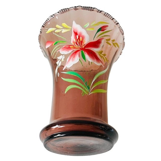 Image 1 of Jarrón Artdeco de cristal rosa con flores pintadas a mano Años 30