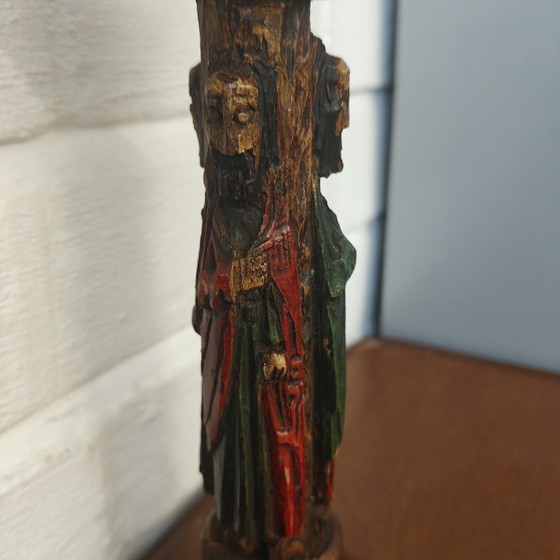 Hand-carved wooden candlestick with saint figures – 24 cm – Sculpture (photo 5 of 13)
