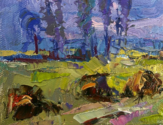 Image 1 of Original Oil Painting: Day Field Landscape - Spring Coolness Hugging the Earth