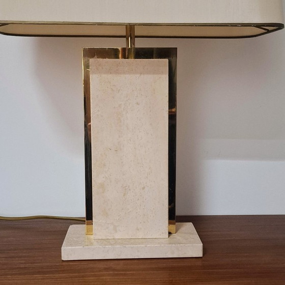 Image 1 of Lampe de table vintage en travertin et chrome doré - Pierre naturelle