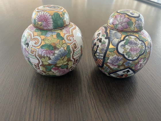 Image 1 of Set of 2 Japanese hand-painted Kutani ginger jars with lids and wooden feet