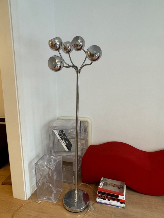 Image 1 of Lampada da terra vintage cromata anni '70 con cinque paralumi sferici regolabili