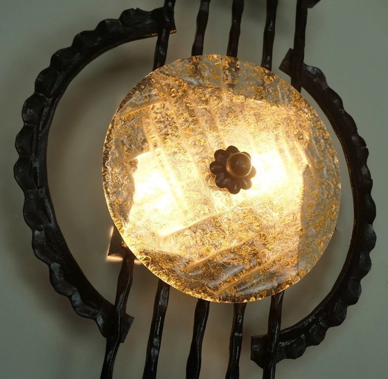 Image 1 of mid century brutalist style wrought iron and glass wall lamp sconce 1960s 1970s