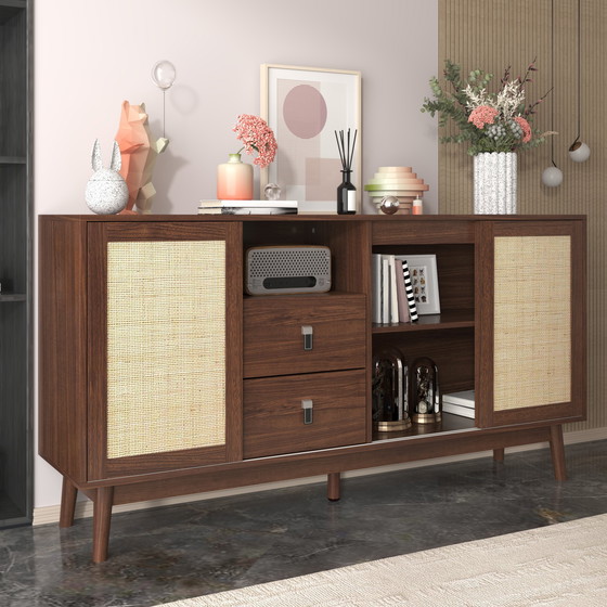 Image 1 of Urban Meuble sideboard in walnut look with 3 sliding rattan doors and 2 drawers 155x38x80cm USOH WALNUT