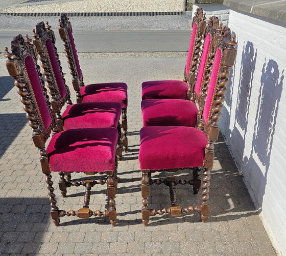 Image 1 of Splendido set di 6 sedie antiche neorinascimentali (stile Mechelen) - Ricche intagliature e velluto