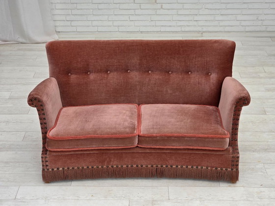 Image 1 of 1970s, Danish 2-seater sofa, original salmon pink furniture velour, beech wood.