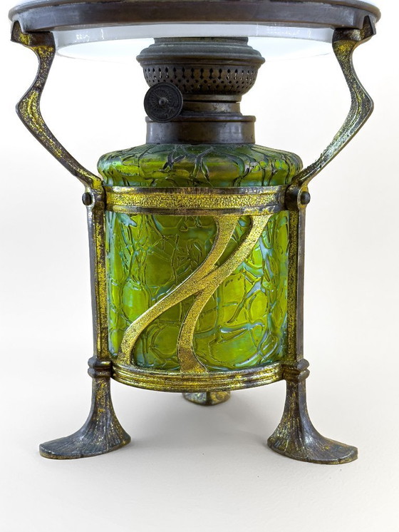 Image 1 of Art Nouveau Oil Lamp Iridescent Green and Opaline Shade