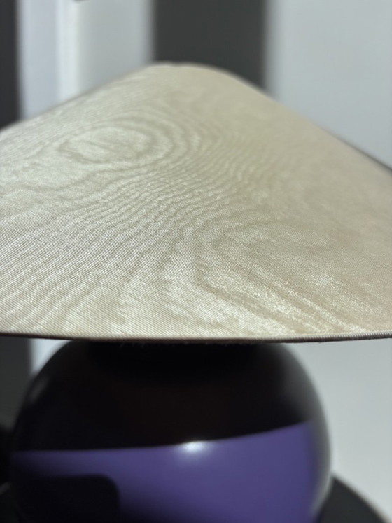 Postmodern Kostka France Table Lamp (Purple, 1980s) with Vintage Moiré Shade – Ceramic (photo 10 of 14)