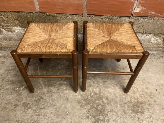 Image 1 of Paire Tabouret Ancien Bois + Assise Paille Tressée Vintage #D398