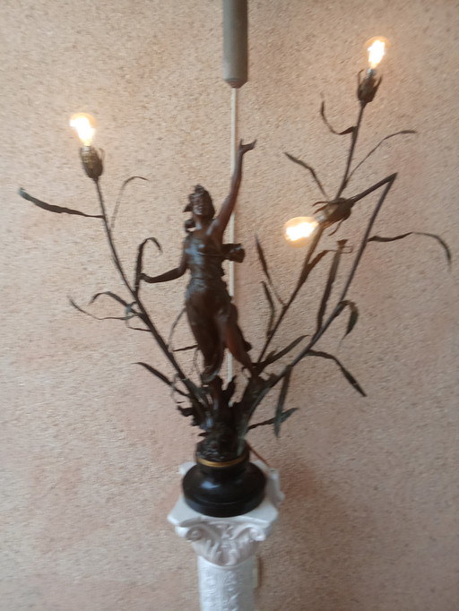 Originele Art Nouveau tafellamp, 80 cm, 3 lichtpunten, dimbaar, brons