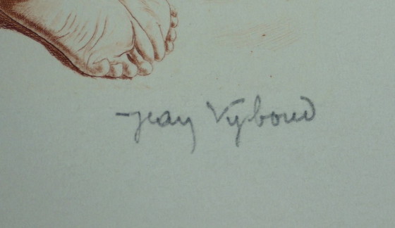 Image 1 of Female nude by Jean Vyboud. Signed and framed sanguine etching.
