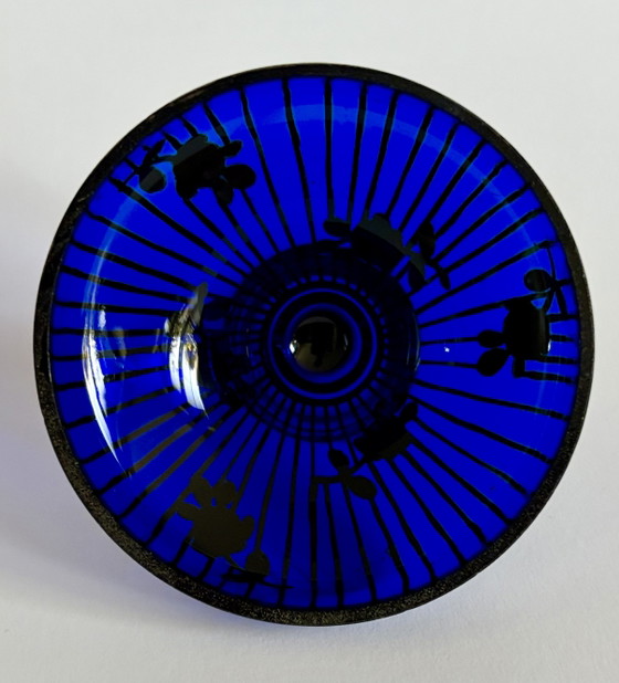 Scatola con coperchio Art Déco antica (circa 1915) – Vetro cobalto soffiato a mano con rivestimento in (photo 5 of 6)