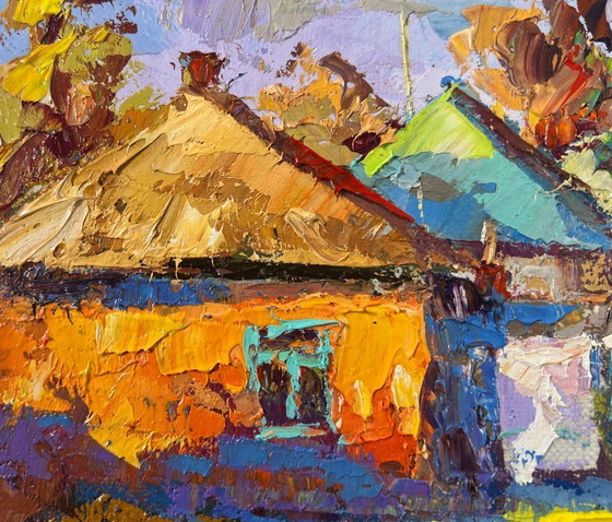 Image 1 of Origineel olieverfschilderij: Zomerdorplandschap, een zonnige dag op het platteland.