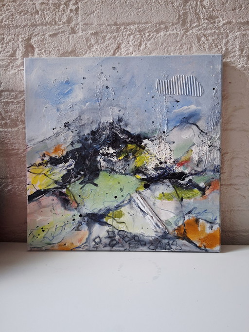 The Eye of the storm,gemengde techniek met veel structuur en collage,gemaakt in acryl,inkt,houtskool,pastel en collage