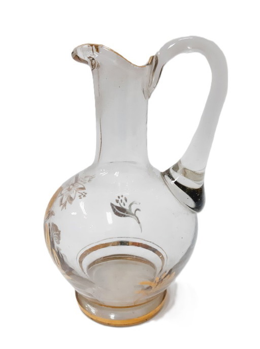 Vintage 1960s Glass Pitcher, Golden Floral Pattern