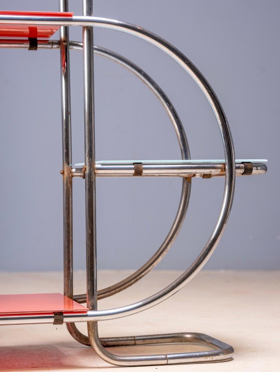 Image 1 of Bauhaus Steel Plant Stand by Emile Guyot for Thonet, Colored Glass Shelves, Circa 1930s, Czechoslovakia, 90 × 30 × 105 cm