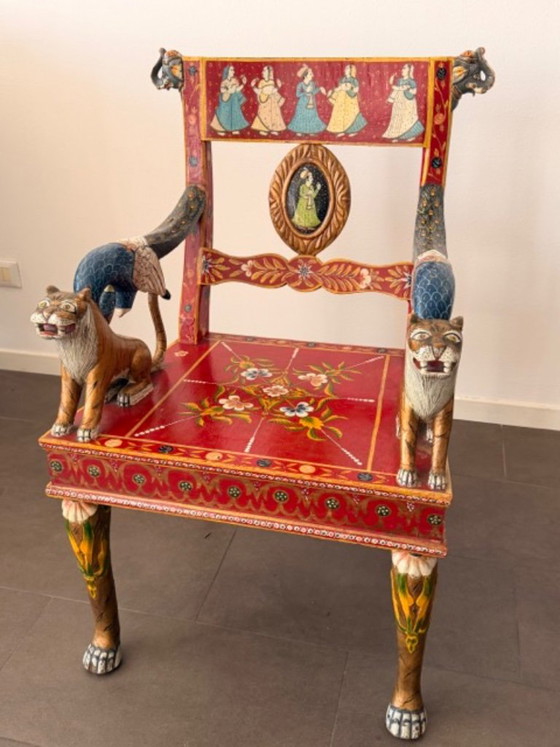Pair of Maharaja Throne Armchairs “Tiger & Peacock” Rajasthan, India '90 – Side chairs, Wood (photo 3 of 6)