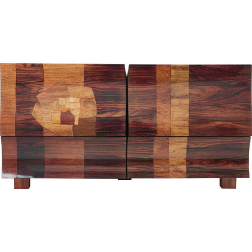 Baúl bar vintage en madera y marquetería de latón de Michel Lefèvre, 1960