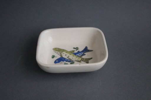 Piccola ciotola vintage in ceramica, dipinta a mano con 2 pesci