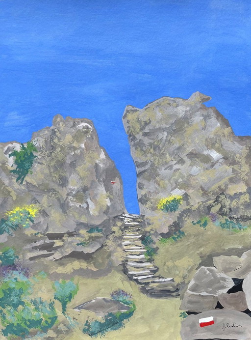 Gouache op natuurlijk papier.  Bocca d'Usciolu - Corsica Formaat 40x30cm