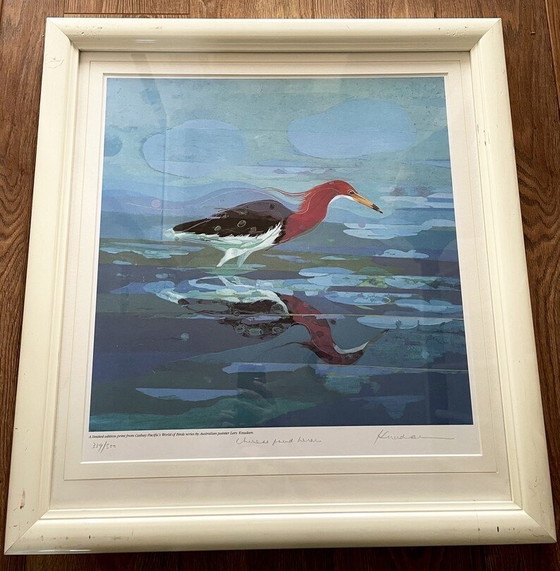 Image 1 of Litografía firmada de garza de estanque china por Lars Knudsen, impresión artística enmarcada
