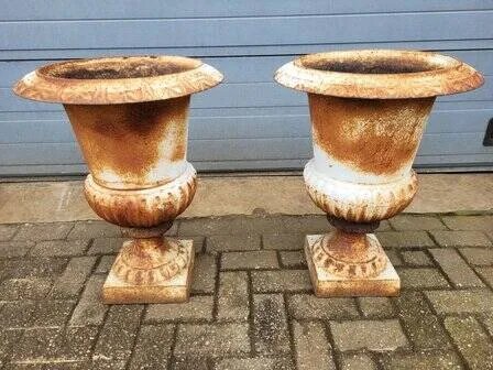 Brocante gietijzeren urn voor tuin plantenbak, Wit, Vintage (foto 4 van 7)