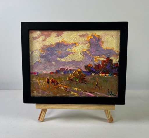 Original Oil Painting Evening Field Landscape Silence that envelops the world
