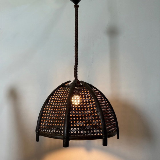 Image 1 of Vintage rattan and webbing hanging lamp 1970s retro