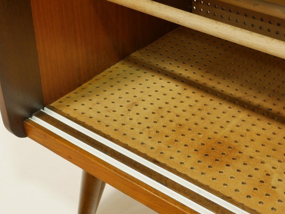 Image 1 of Vintage 1960s shoe cabinet, mid-century shoe chest, mahogany & birch, sliding doors, Germany