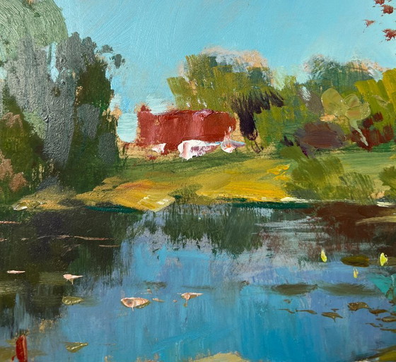 Image 1 of Peinture à l'huile originale représentant un paysage fluvial estival avec un bateau dans une scierie