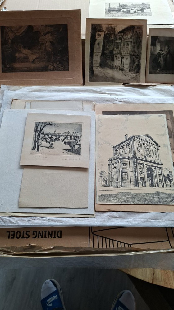 Image 1 of Classical art lot - H. Mehler (1910) Seascape & 18+ Antique Etchings