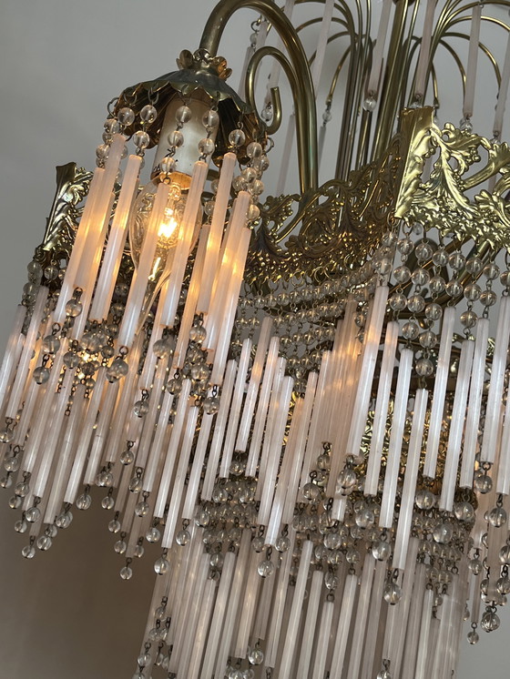 Image 1 of Vintage xl pink opaline rod chandelier pendant lamp art deco style