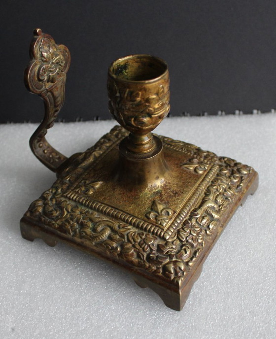 Image 1 of Antique bronze candlestick, Art Nouveau style, with lily decoration