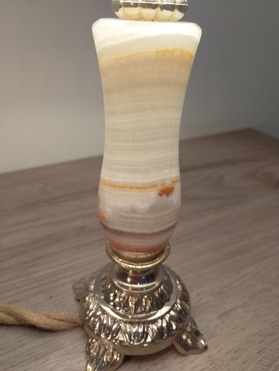 Image 1 of Kleine lamp van brons en onyx in uitstekende staat, opnieuw bedraad met gevlochten linnen kabel.